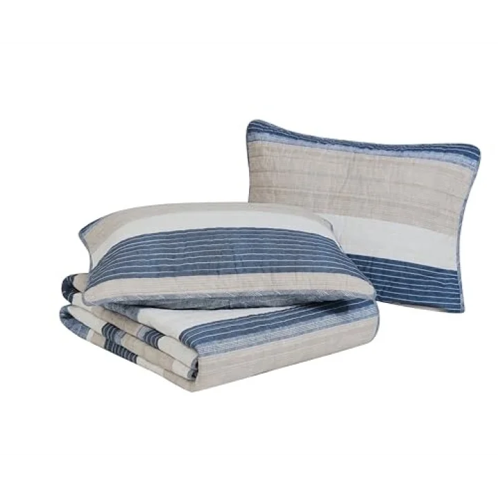 Ridgeport Collection | Quilt Set - 100% Cotton, Reversible, All Season Bedding, Includes Matching Shams, Queen, Blue