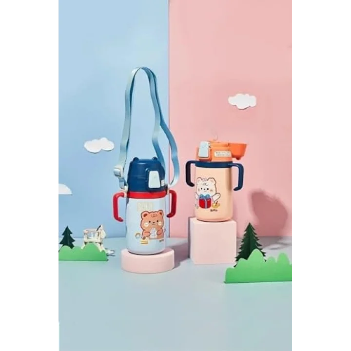 Rovco 400ml Silikon Pipetli Sevimli Ayıcıklı Boyun Askılı Bebek Kulplu Paslanmaz Çelik Termos (Turuncu)