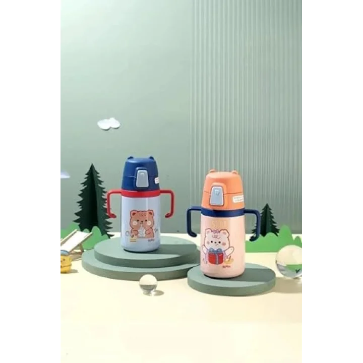 Rovco 400ml Silikon Pipetli Sevimli Ayıcıklı Boyun Askılı Bebek Kulplu Paslanmaz Çelik Termos (Turuncu)