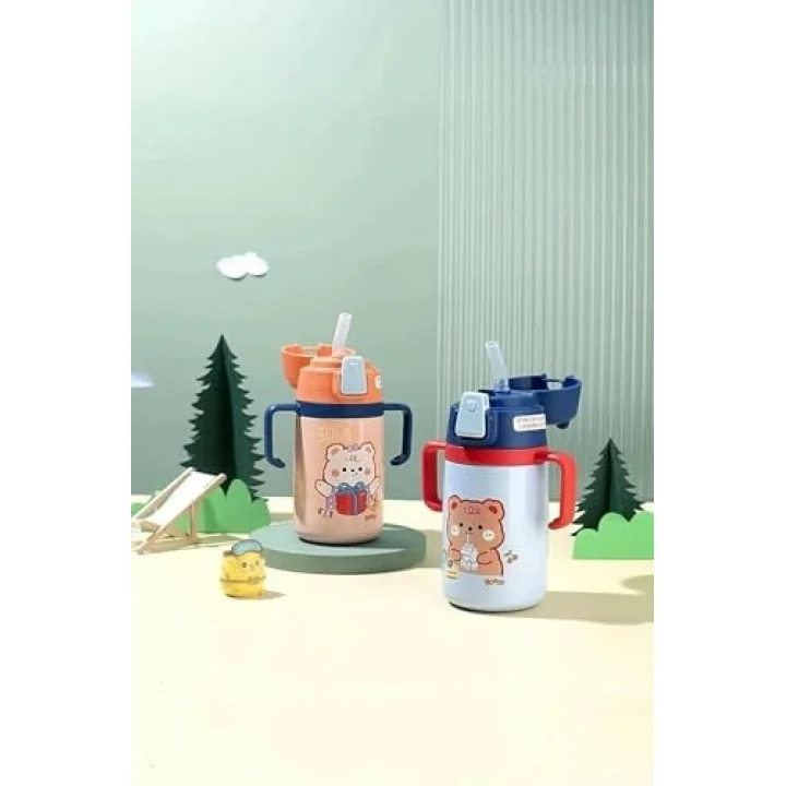 Rovco 400ml Silikon Pipetli Sevimli Ayıcıklı Boyun Askılı Bebek Kulplu Paslanmaz Çelik Termos (Turuncu)