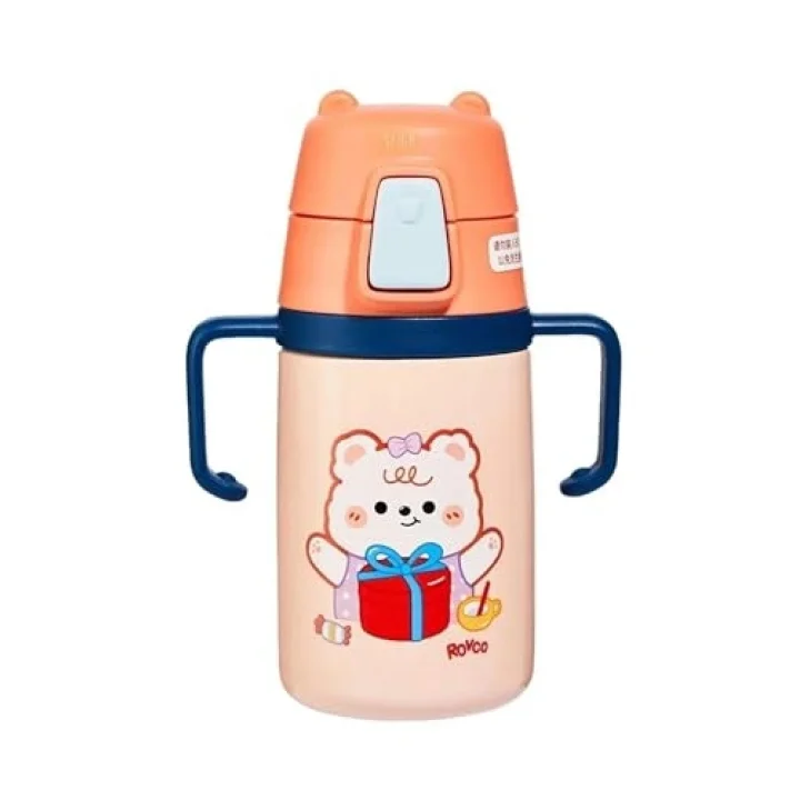 Rovco 400ml Silikon Pipetli Sevimli Ayıcıklı Boyun Askılı Bebek Kulplu Paslanmaz Çelik Termos (Turuncu)
