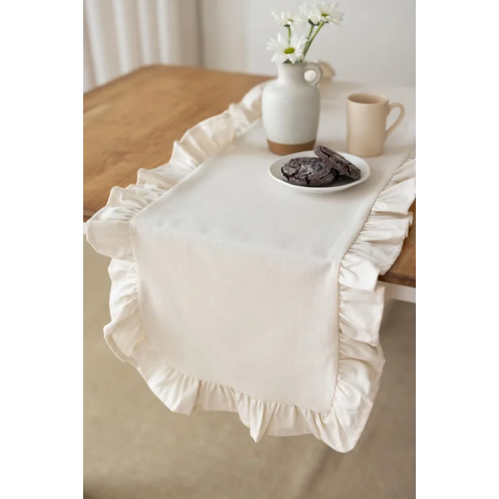 Rufle | Fırfırlı Keten Runner 40 X 110 Cm (Bej)