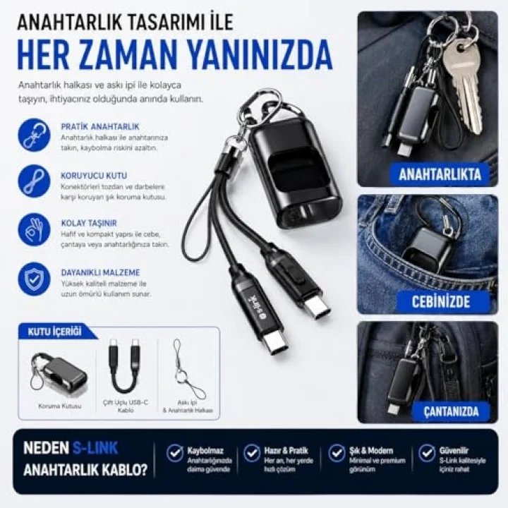 S-link Armor CC-020 60W 20 cm Type-C to Type-C PD Örgülü Metal Başlıklı Siyah Hızlı Şarj Kablosu, Kısa Type C Kablo (İphone vb Tüm Type C Telefon ve Tabletler ile Tam Uyumlu)