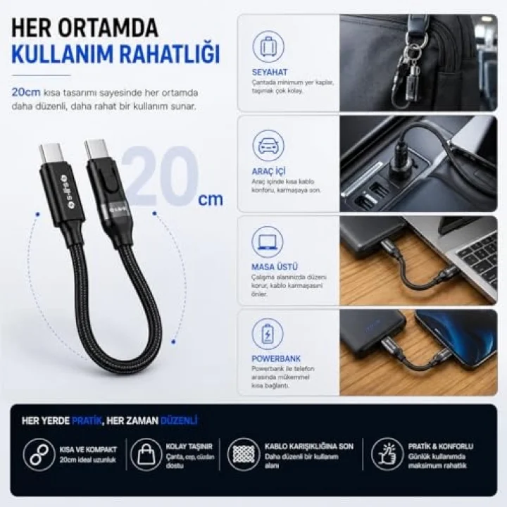 S-link Armor CC-020 60W 20 cm Type-C to Type-C PD Örgülü Metal Başlıklı Siyah Hızlı Şarj Kablosu, Kısa Type C Kablo (İphone vb Tüm Type C Telefon ve Tabletler ile Tam Uyumlu)