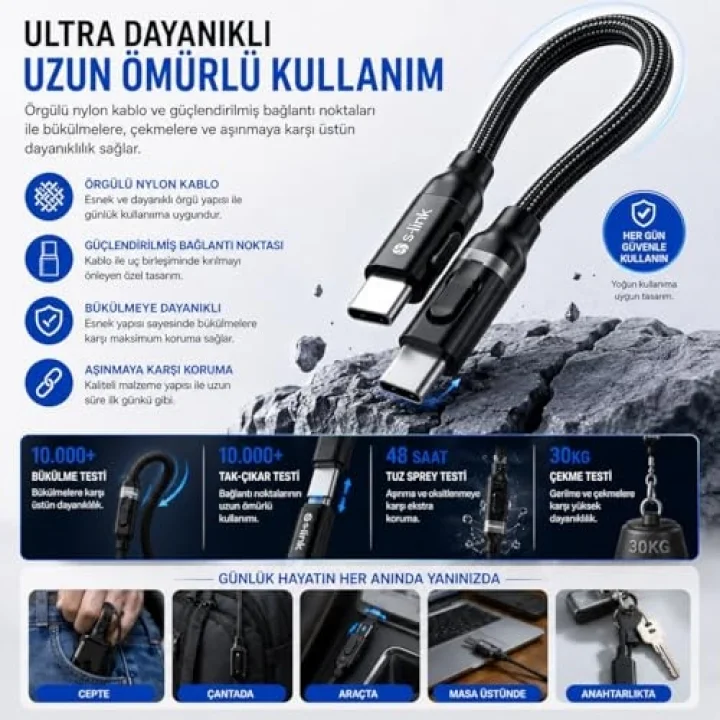 S-link Armor CC-020 60W 20 cm Type-C to Type-C PD Örgülü Metal Başlıklı Siyah Hızlı Şarj Kablosu, Kısa Type C Kablo (İphone vb Tüm Type C Telefon ve Tabletler ile Tam Uyumlu)