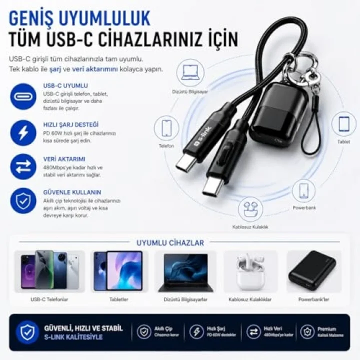 S-link Armor CC-020 60W 20 cm Type-C to Type-C PD Örgülü Metal Başlıklı Siyah Hızlı Şarj Kablosu, Kısa Type C Kablo (İphone vb Tüm Type C Telefon ve Tabletler ile Tam Uyumlu)