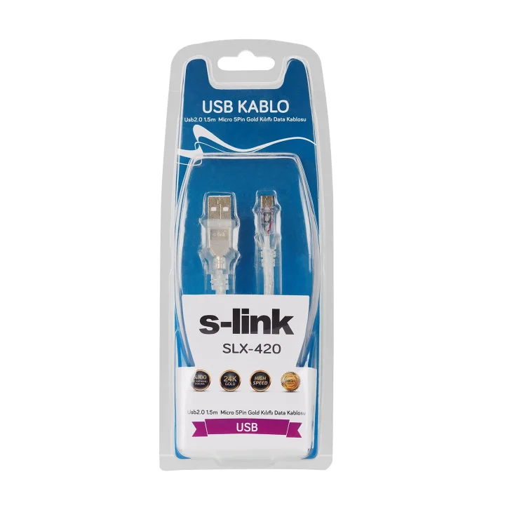 S-Link SLX-420 PS4 Kol Şarj Kablosu, 1.5 Metre Micro USB Şarj ve Data Kablosu, 2000mA USB-A to Micro USB Kablo, DualShock 4 Oyun Kolu Telefon Tablet Araç Kamerası ve Uyumlu Cihazlar İçin Şeffaf Kablo