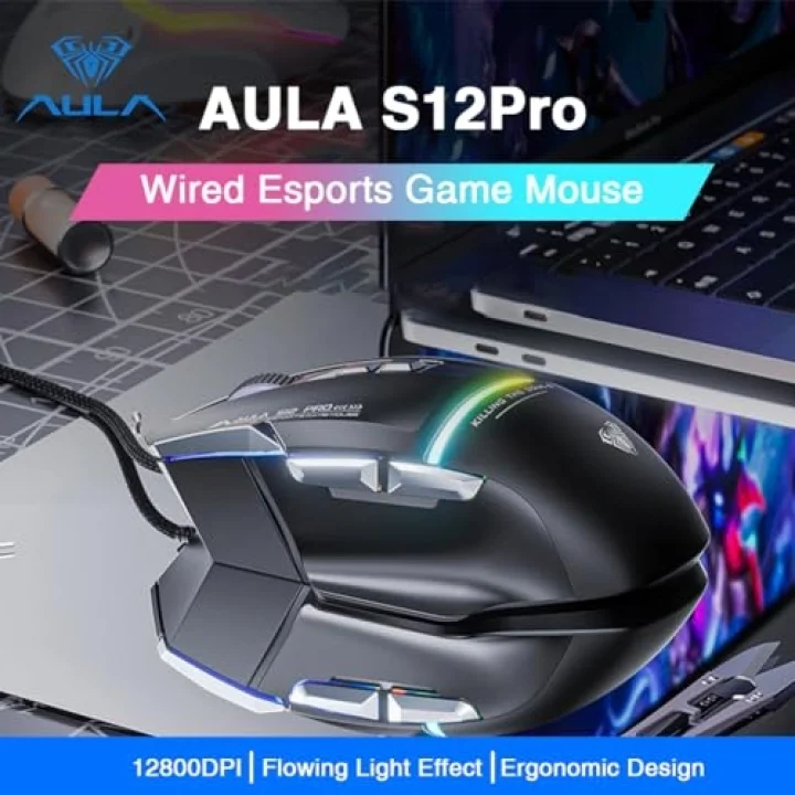 S12 Pro 12800 DPI 8 Tuşlu Makrolu Kablolu Optik Gaming Oyuncu Mouse Siyah