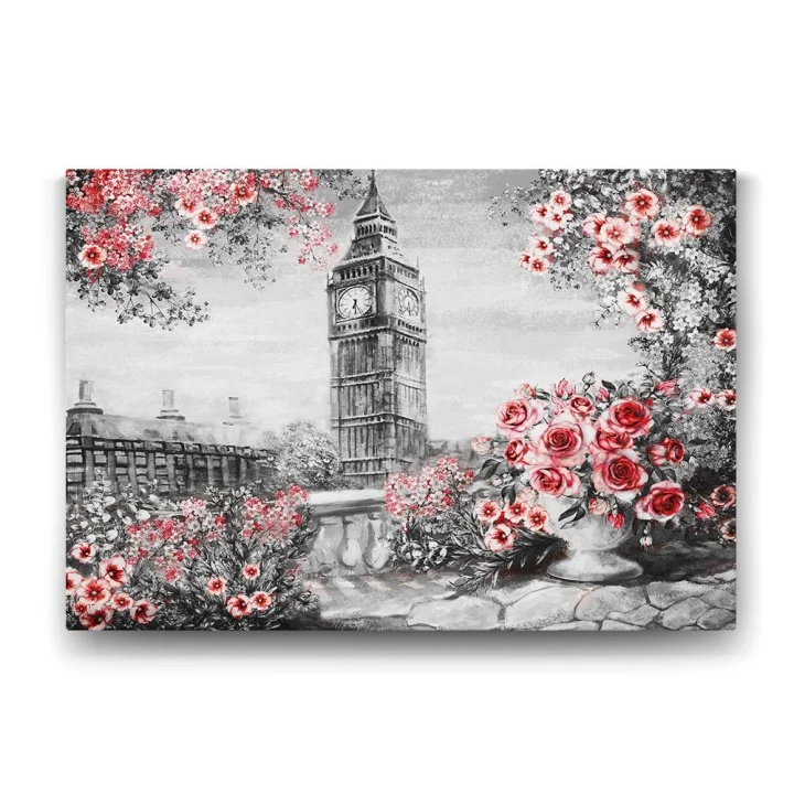 Saat Kulesi ve Kırmızı Çiçekler Tablosu - 60x40cm