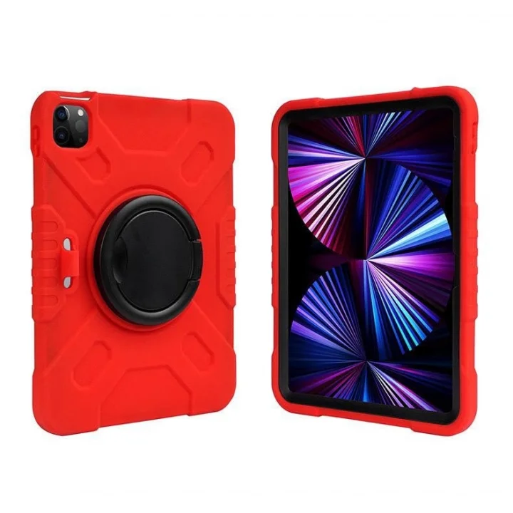 Samsung Galaxy Tab A9 Plus 11inç X210 X215 X216 ile uyumlu Kılıf Askılı Silikon Handle Ring Yüzüklü Amour Tank Case Kırmızı