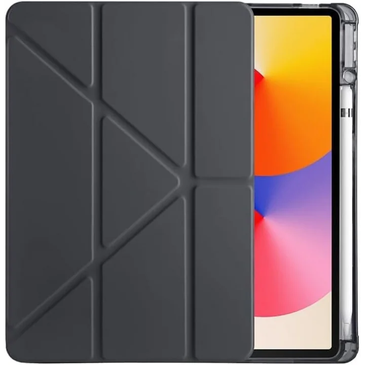 Samsung Galaxy Tab A9 Plus ile Uyumlu Akıllı Kılıf, Kalem Bölmeli Lansman Antrasit Origami Standlı Darbe Emici Şeffaf Arka Kapaklı Ultra İnce Popüler Tablet Kılıfı
