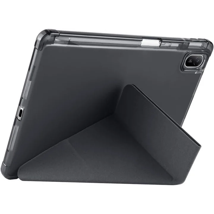 Samsung Galaxy Tab A9 Plus ile Uyumlu Akıllı Kılıf, Kalem Bölmeli Lansman Antrasit Origami Standlı Darbe Emici Şeffaf Arka Kapaklı Ultra İnce Popüler Tablet Kılıfı