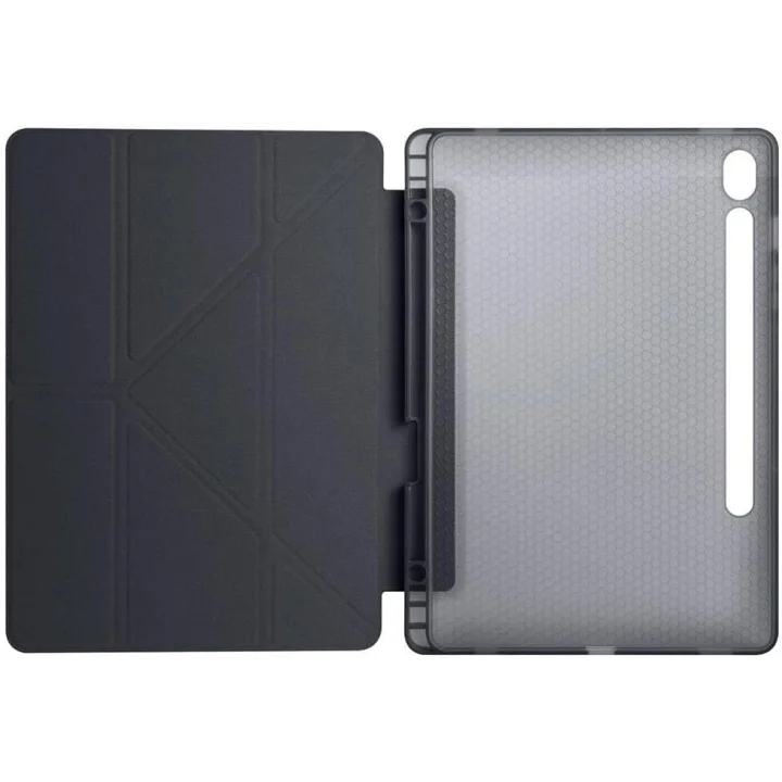 Samsung Galaxy Tab A9 Plus ile Uyumlu Akıllı Kılıf, Kalem Bölmeli Lansman Antrasit Origami Standlı Darbe Emici Şeffaf Arka Kapaklı Ultra İnce Popüler Tablet Kılıfı