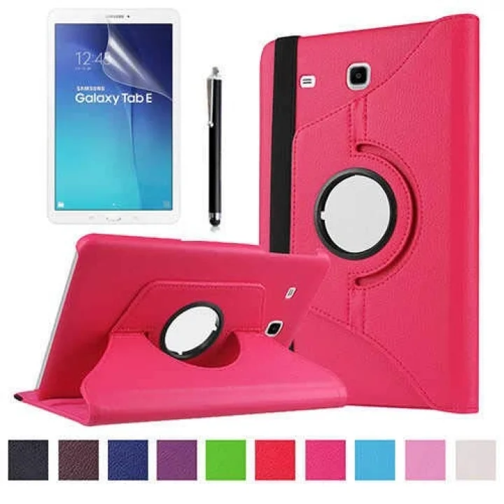 Samsung Galaxy Tab E 9.6 T560 T563 T565 ile uyumlu Kılıf 360 Dönebilen Standlı Case Pembe Koyu