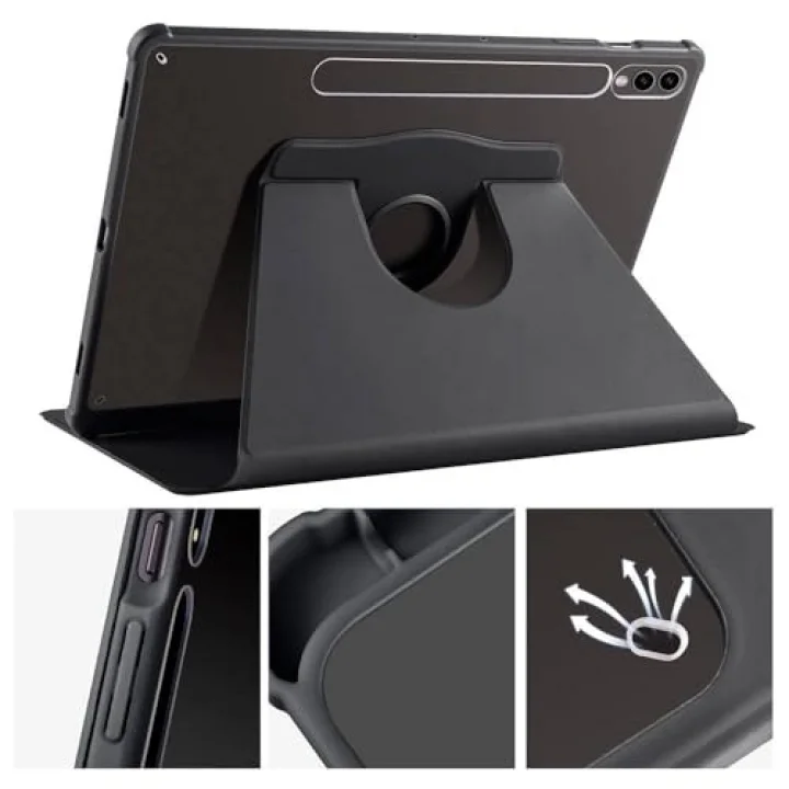 Samsung Galaxy Tab S9 FE Plus/S10 Plus/S9 Plus ile uyumlu Kılıf Termik Kalem Bölmeli Dönebilen Standlı Case Siyah