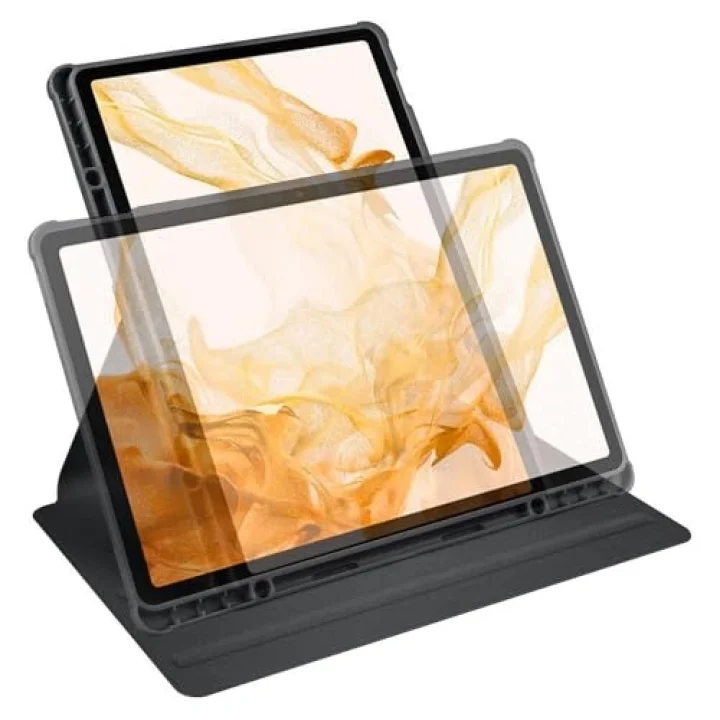 Samsung Galaxy Tab S9 FE Plus/S10 Plus/S9 Plus ile uyumlu Kılıf Termik Kalem Bölmeli Dönebilen Standlı Case Siyah