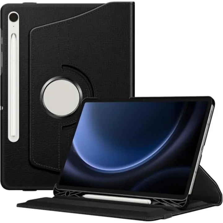 Samsung Galaxy Tab S9 FE X510 Kılıf, 360 Derece Dönebilen Standlı Deri Akıllı Tablet Kılıfı, Kalem Bölmeli Elastik Bandajlı Koruyucu Kapak - Siyah