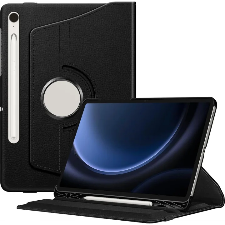 Samsung Galaxy Tab S9 FE X510 Kılıf, 360 Derece Dönebilen Standlı Deri Akıllı Tablet Kılıfı, Kalem Bölmeli Elastik Bandajlı Koruyucu Kapak - Siyah