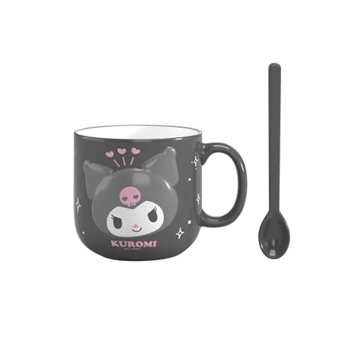 Sanrio Lisanslı Kabartmalı Seramik Kaşıklı Kupa (450mL)(Kuromi)