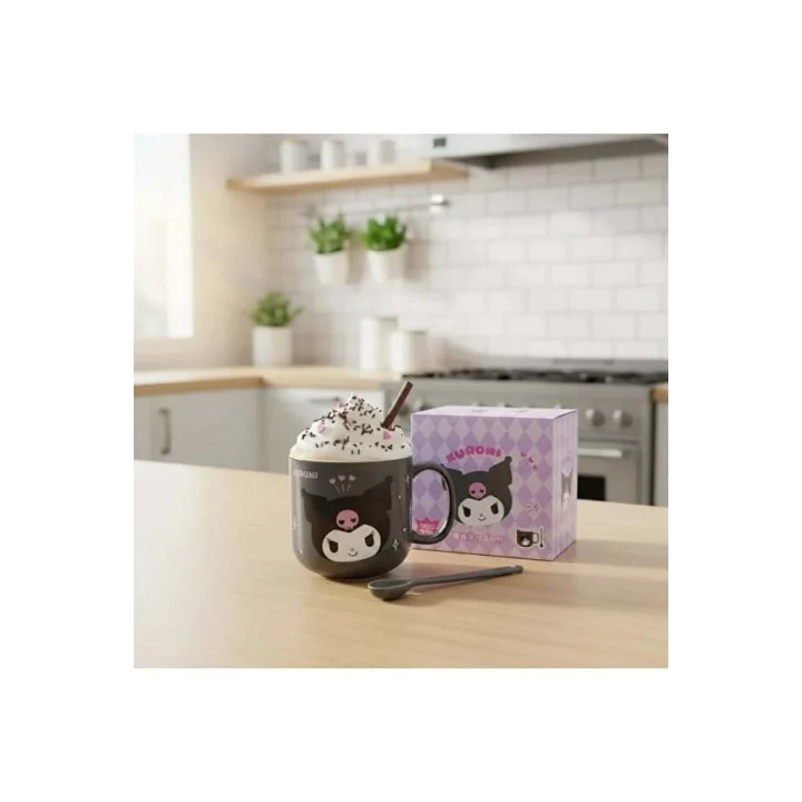 Sanrio Lisanslı Kabartmalı Seramik Kaşıklı Kupa (450mL)(Kuromi)