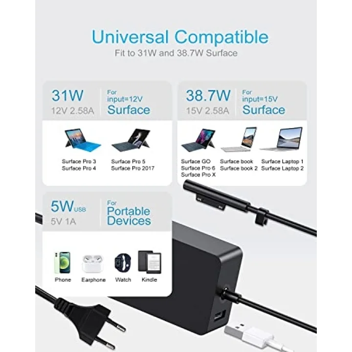 ® Şarj cihazı 15 V 2,58 A 38,7 W Notebook Laptop Şarj kablosu AC Güç kaynağı Microsoft Surface Pro 3 Pro 4 Pro 5 Pro 6 Pro 2017 için Şarj cihazı Güç kaynağı Pil Güç kaynağı