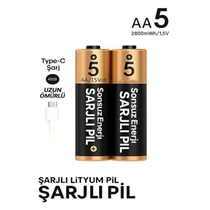 Şarjlı Kalın Kalem Pil AA Şarj Edilebilir Pil 1.5V 2800mWh Lityum-İon Kalın Pil AA 5 Type-C Şarjlı (AA, Her Paket, 2)