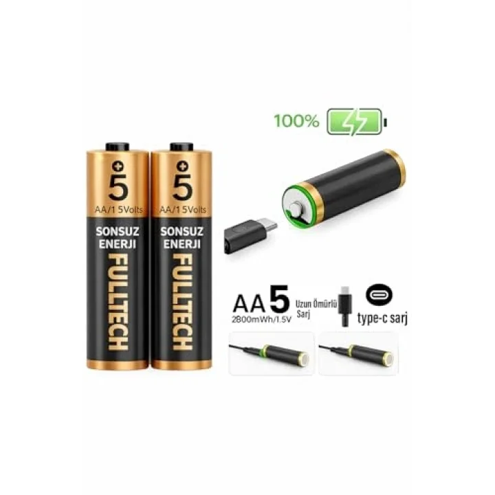 Şarjlı Kalın Kalem Pil AA Şarj Edilebilir Pil 1.5V 2800mWh Lityum-İon Kalın Pil AA 5 Type-C Şarjlı (AA, Her Paket, 2)