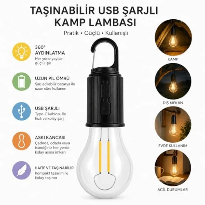 Şarjlı Kamp Ampulü USB Type-C Girişli Asılabilir LED Ampul 3 Modlu Işık Gün Işığı Kamp Lambası Taşınabilir Acil Durum Işığı Kancalı Ampul Outdoor Kamp Aydınlatma