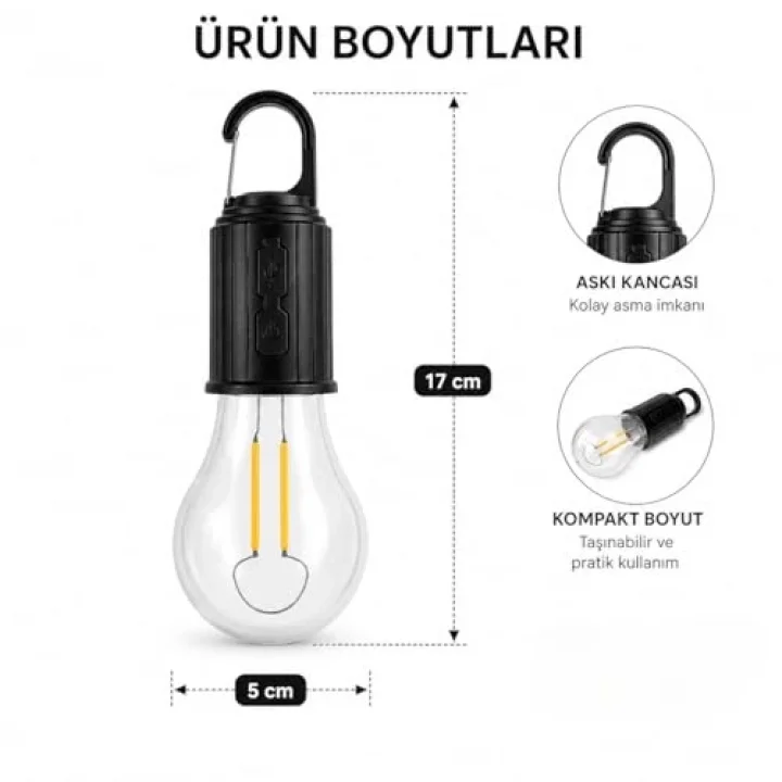 Şarjlı Kamp Ampulü USB Type-C Girişli Asılabilir LED Ampul 3 Modlu Işık Gün Işığı Kamp Lambası Taşınabilir Acil Durum Işığı Kancalı Ampul Outdoor Kamp Aydınlatma