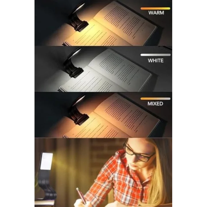 Şarjlı Kitap Okuma Lambası, LED Masa Lambası, 3 Renkli Kademeli Dimmer, Mandallı Kitap Işığı