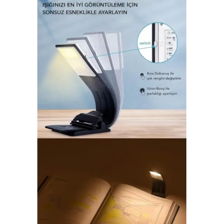 Şarjlı Kitap Okuma Lambası, LED Masa Lambası, 3 Renkli Kademeli Dimmer, Mandallı Kitap Işığı