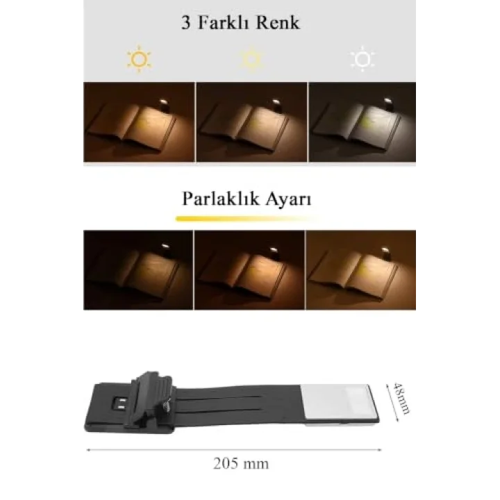 Şarjlı Kitap Okuma Lambası, LED Masa Lambası, 3 Renkli Kademeli Dimmer, Mandallı Kitap Işığı