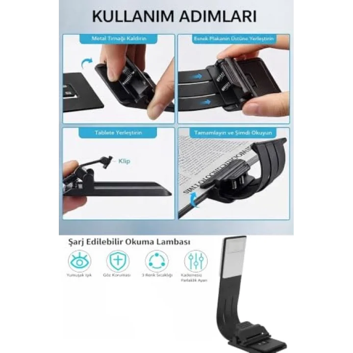 Şarjlı Kitap Okuma Lambası, LED Masa Lambası, 3 Renkli Kademeli Dimmer, Mandallı Kitap Işığı