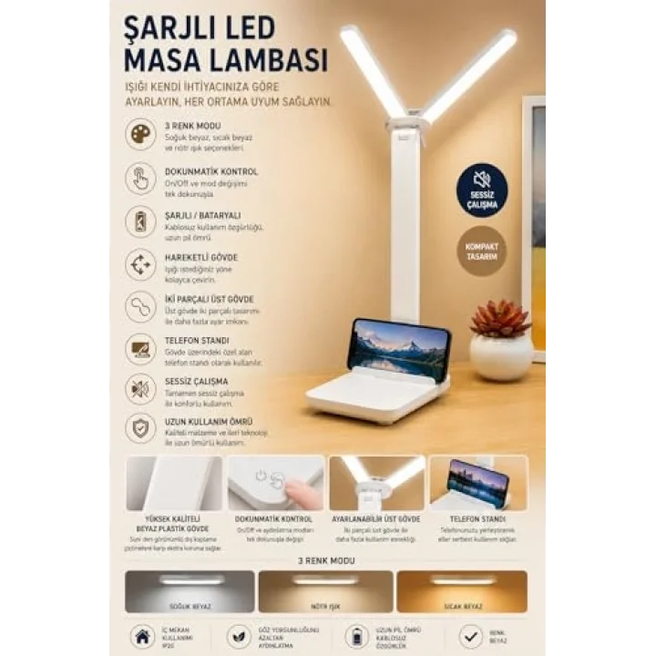 Şarjlı LED Masa Lambası – Çift Işık Barı, 3 Renk Modu, Dokunmatik Kontrollü, Katlanabilir ve Telefon Standlı Masa Lambası