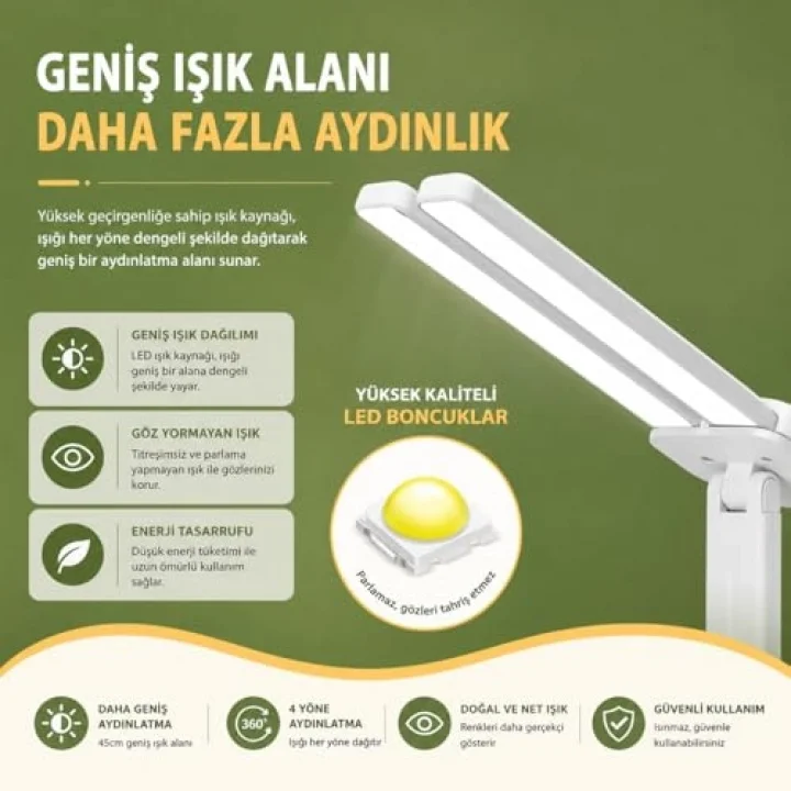Şarjlı LED Masa Lambası – Çift Işık Barı, 3 Renk Modu, Dokunmatik Kontrollü, Katlanabilir ve Telefon Standlı Masa Lambası