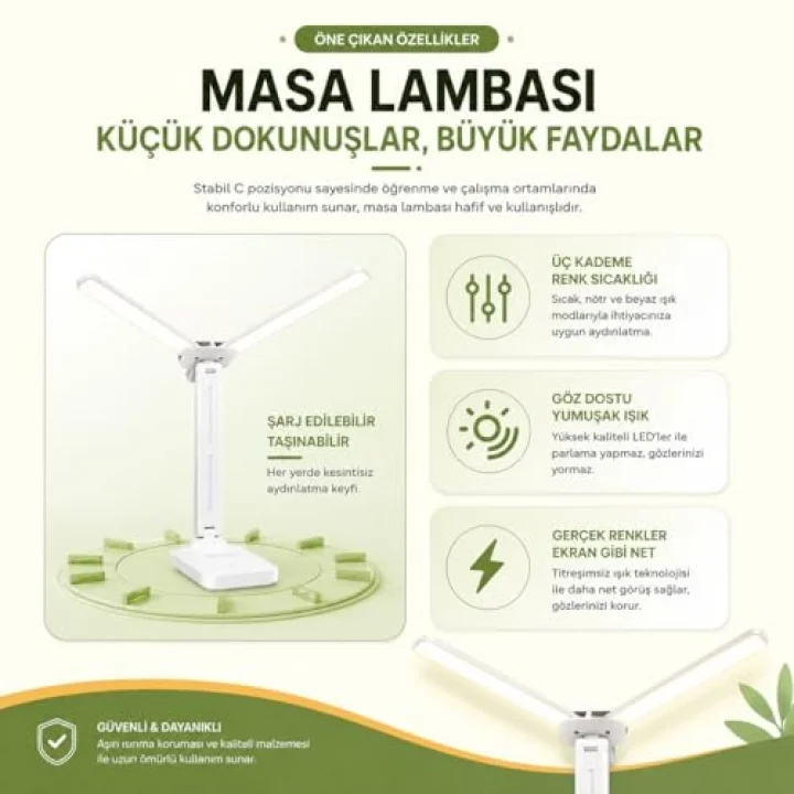 Şarjlı LED Masa Lambası – Çift Işık Barı, 3 Renk Modu, Dokunmatik Kontrollü, Katlanabilir ve Telefon Standlı Masa Lambası