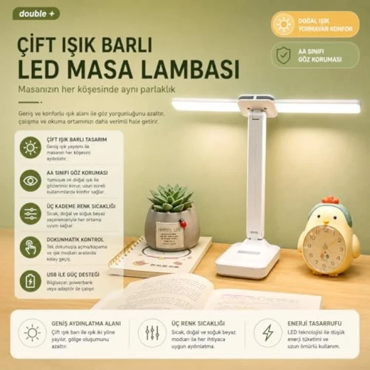 Şarjlı LED Masa Lambası – Çift Işık Barı, 3 Renk Modu, Dokunmatik Kontrollü, Katlanabilir ve Telefon Standlı Masa Lambası