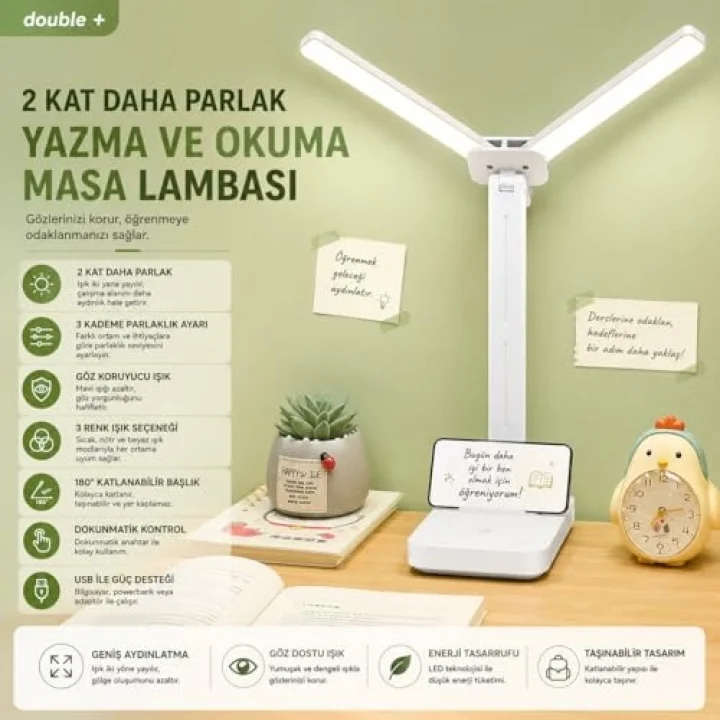 Şarjlı LED Masa Lambası – Çift Işık Barı, 3 Renk Modu, Dokunmatik Kontrollü, Katlanabilir ve Telefon Standlı Masa Lambası