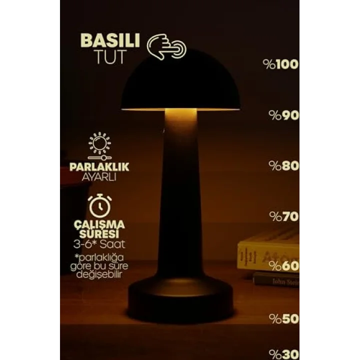 Şarjlı Mantar Masa Lambası Metal Dokunmatik 3 Işık Parlaklık Ayarlı Gece Masa Üstü Lamba (Siyah A4)