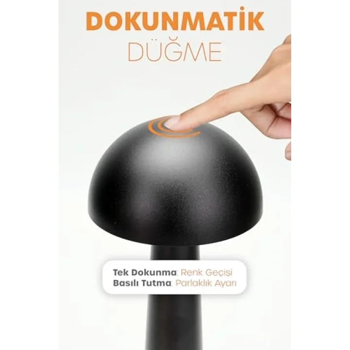 Şarjlı Mantar Masa Lambası Metal Dokunmatik 3 Işık Parlaklık Ayarlı Gece Masa Üstü Lamba (Siyah A4)