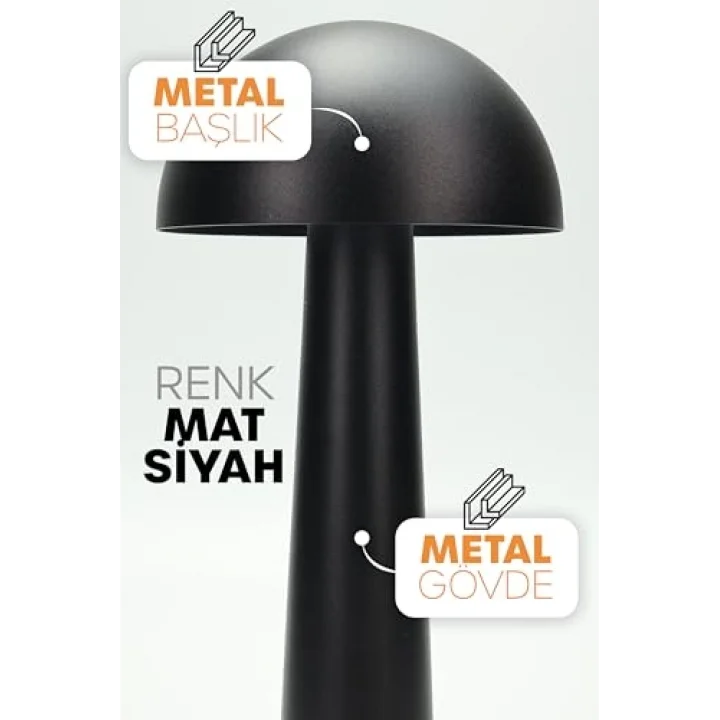 Şarjlı Mantar Masa Lambası Metal Dokunmatik 3 Işık Parlaklık Ayarlı Gece Masa Üstü Lamba (Siyah A4)