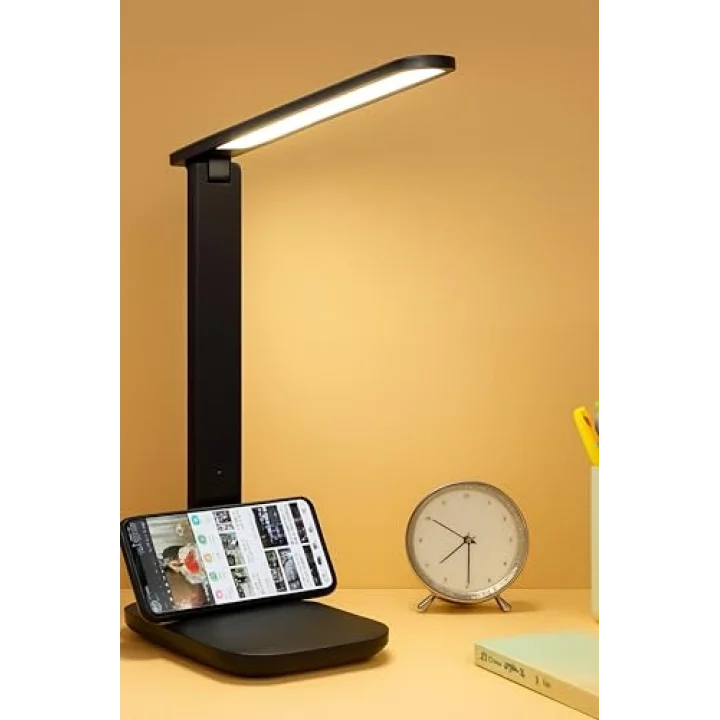 Şarjlı Masa Lambası 3 Renk Dokunmatik Telefon Standlı Kademeli Çalışma Okuma Işığı Lambası 9W (Siyah)