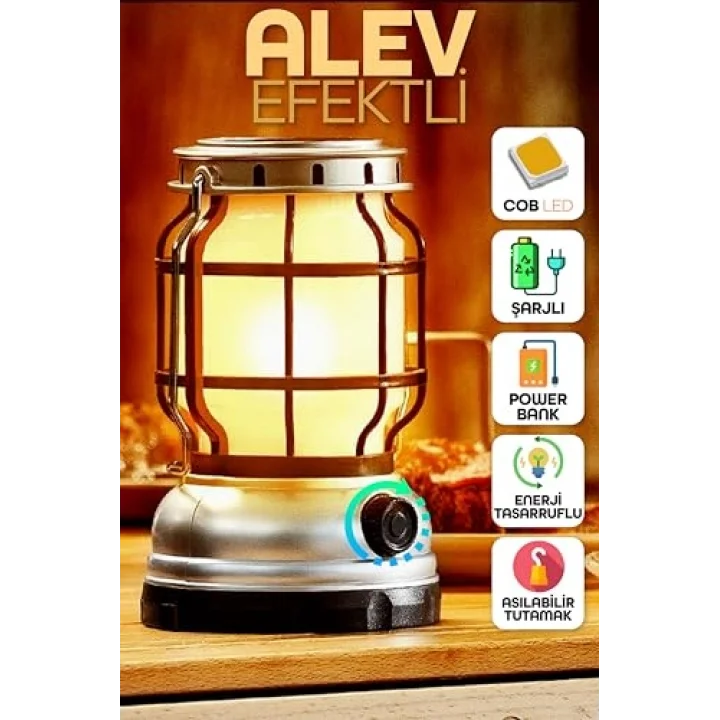 Şarjlı Solar Kamp Lambası - Alev Efektli Powerbank Özellikli Su Geçirmez LED Işıldak Gri 47721