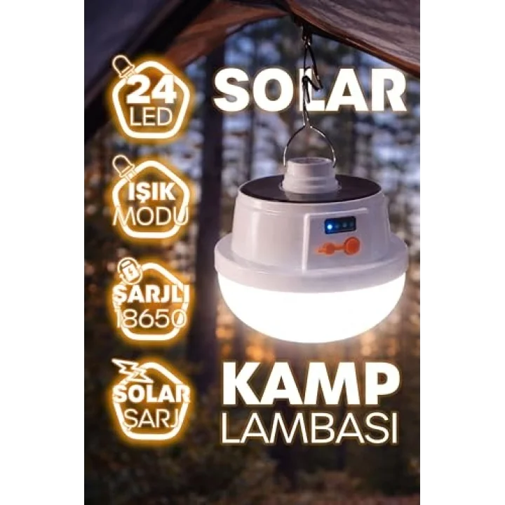 Şarjlı Solarlı Kamp Lambası 5 MODLU Orta-Yüksek Işık SOS Askılı Işıldak Kamp El Feneri 47724