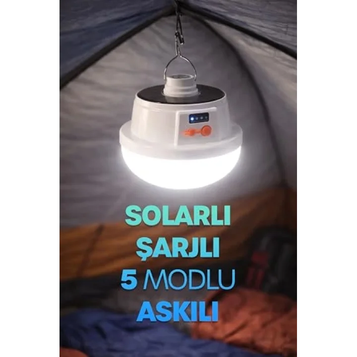 Şarjlı Solarlı Kamp Lambası 5 MODLU Orta-Yüksek Işık SOS Askılı Işıldak Kamp El Feneri 47724