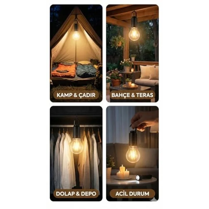 Şarjlı Taşınabilir LED Ampul Lamba – USB ile Şarj Edilebilir, 3 Kademeli Işık, Asma Kancalı & Kamp, Bahçe, Dolap, Balkon, Banyo İçin Acil Aydınlatma (3200K)