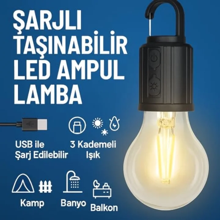 Şarjlı Taşınabilir LED Ampul Lamba – USB ile Şarj Edilebilir, 3 Kademeli Işık, Asma Kancalı & Kamp, Bahçe, Dolap, Balkon, Banyo İçin Acil Aydınlatma (3200K)