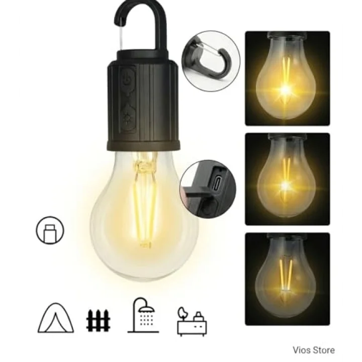 Şarjlı Taşınabilir LED Ampul Lamba – USB ile Şarj Edilebilir, 3 Kademeli Işık, Asma Kancalı & Kamp, Bahçe, Dolap, Balkon, Banyo İçin Acil Aydınlatma (3200K)