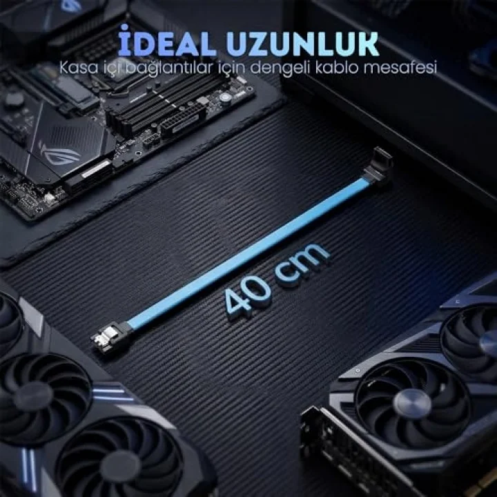 SATA 3.0 Data Kablosu 40 cm - 6Gbps’ye Kadar Hız - 90° Dirsek Uç - Yassı Kablo - Kilitli Konnektör - HDD, SSD Uyumlu - SATA III Veri Kablosu - PC ve Harici Kasa İçin
