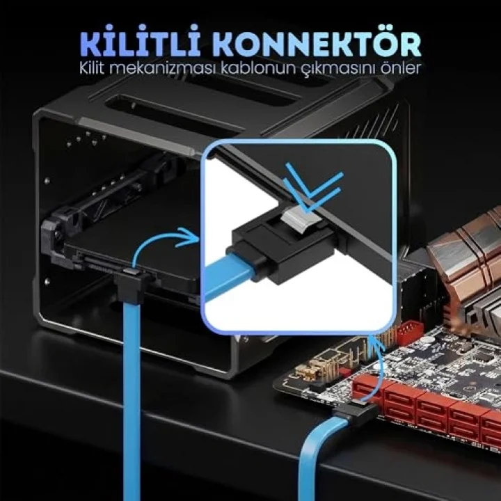 SATA 3.0 Data Kablosu 40 cm - 6Gbps’ye Kadar Hız - 90° Dirsek Uç - Yassı Kablo - Kilitli Konnektör - HDD, SSD Uyumlu - SATA III Veri Kablosu - PC ve Harici Kasa İçin